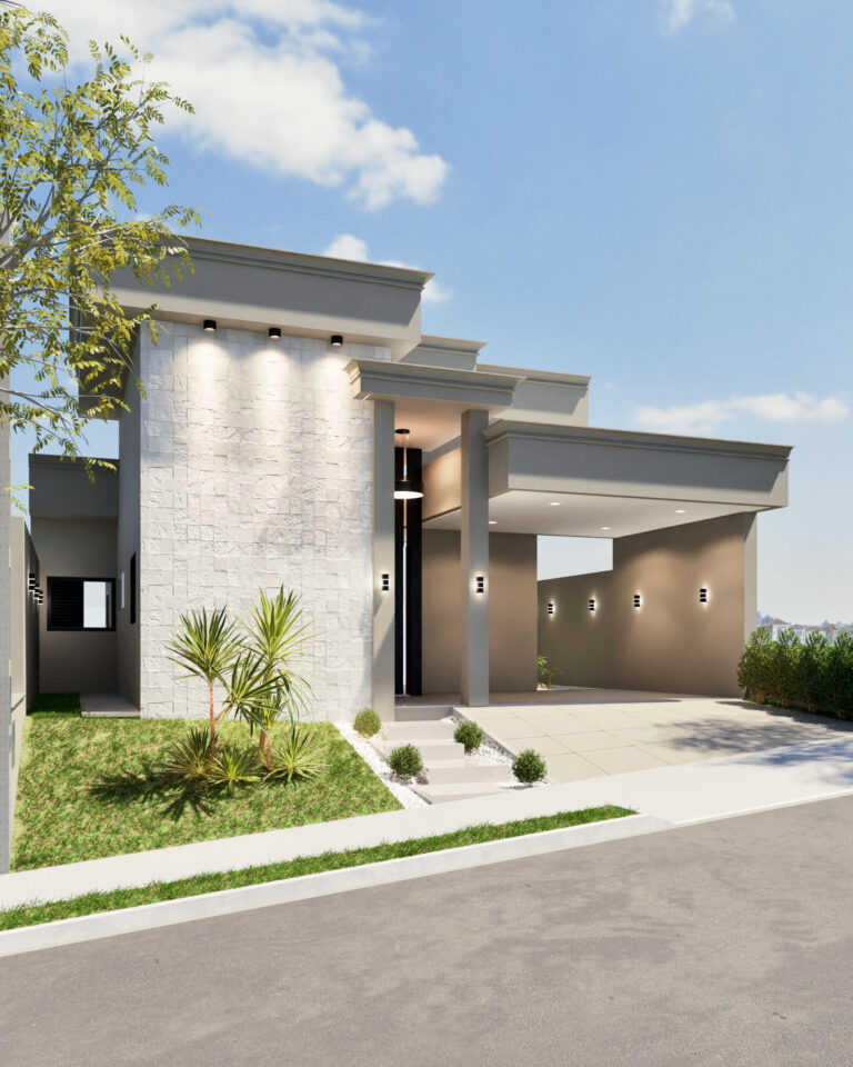 Fachada residencial de alto padrão neoclássica, área 153m², condomínio Maria Julia em Rio Preto.