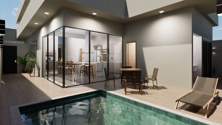 vista de área externa com piscina e varanda gourmet da casa de alto padrão localizado no condomínio Maria Julia em Rio Preto